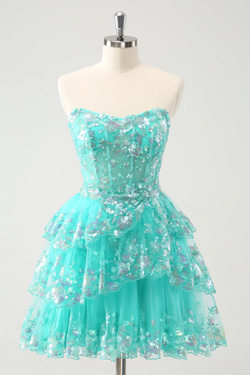 Load image into Gallery viewer, Cute Glitter Green A Line Strapless Sequined Tiered Corset Graduation Dress