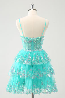 Cute Sparkly A-Line Green Spaghetti Straps Tiered Graduation Dress with Sequins