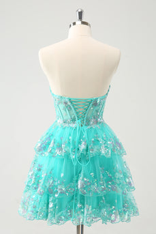 Cute Glitter Green A Line Strapless Sequined Tiered Corset Graduation Dress