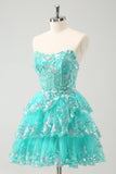 Cute Glitter Green A Line Strapless Sequined Tiered Corset Graduation Dress