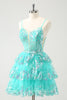 Load image into Gallery viewer, Cute Sparkly A-Line Green Spaghetti Straps Tiered Graduation Dress with Sequins