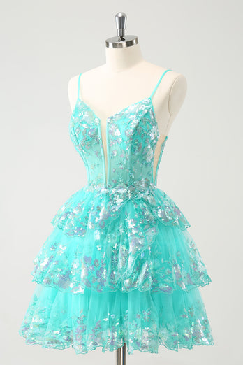 Cute Sparkly A-Line Green Spaghetti Straps Tiered Graduation Dress with Sequins