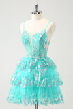 Cute Sparkly A-Line Green Spaghetti Straps Tiered Graduation Dress with Sequins