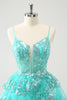 Load image into Gallery viewer, Cute Sparkly A-Line Green Spaghetti Straps Tiered Graduation Dress with Sequins