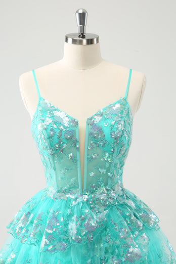 Cute Sparkly A-Line Green Spaghetti Straps Tiered Graduation Dress with Sequins