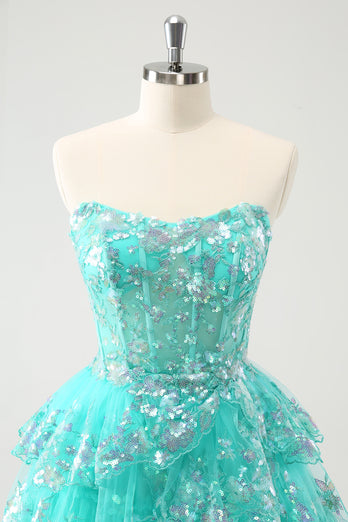 Cute Glitter Green A Line Strapless Sequined Tiered Corset Graduation Dress