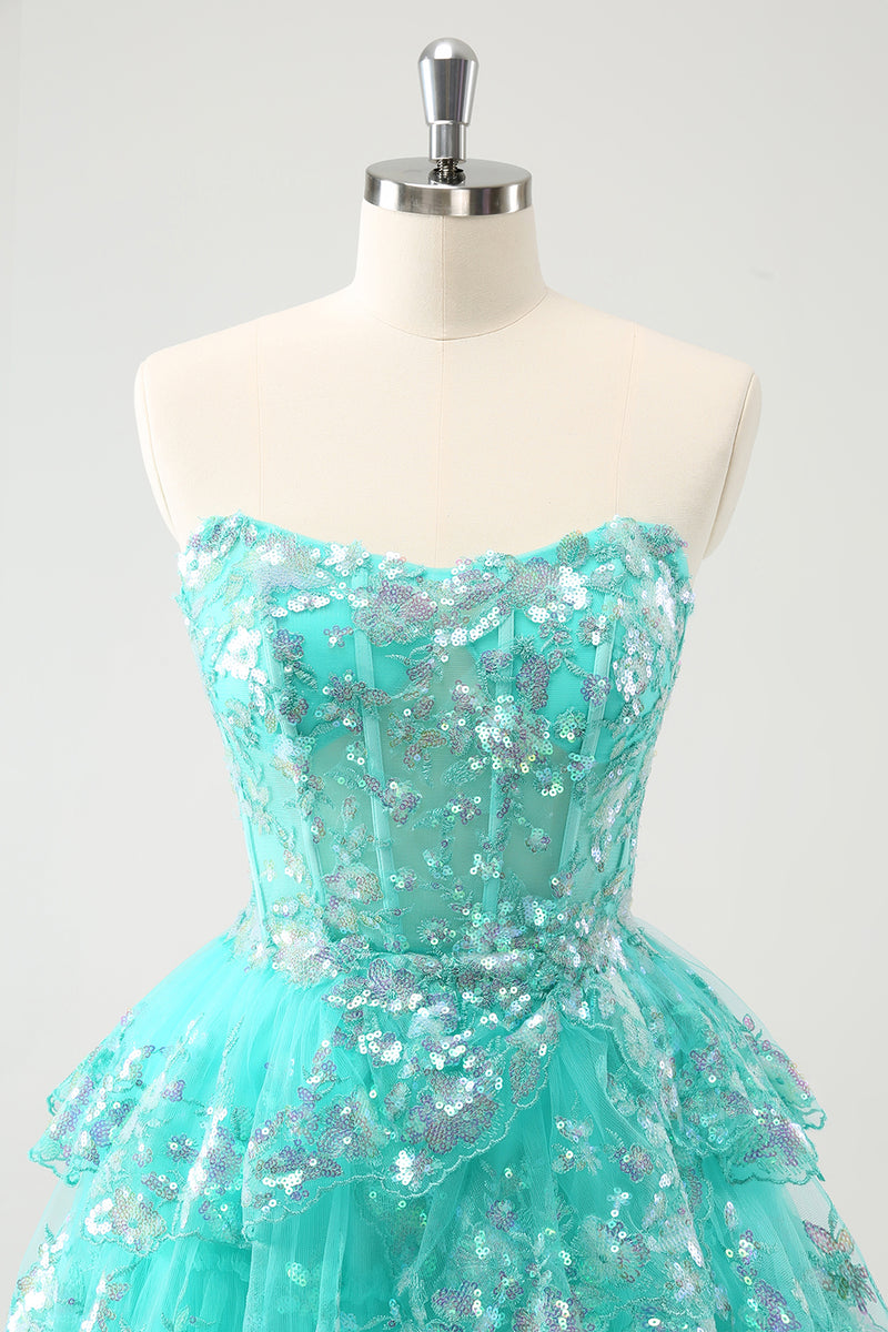 Load image into Gallery viewer, Cute Glitter Green A Line Strapless Sequined Tiered Corset Graduation Dress