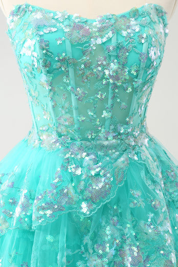 Cute Glitter Green A Line Strapless Sequined Tiered Corset Graduation Dress