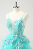 Load image into Gallery viewer, Cute Sparkly A-Line Green Spaghetti Straps Tiered Graduation Dress with Sequins