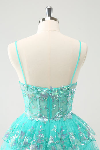 Cute Sparkly A-Line Green Spaghetti Straps Tiered Graduation Dress with Sequins