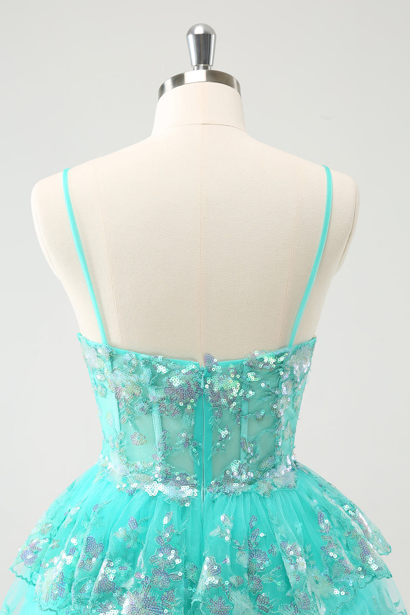 Load image into Gallery viewer, Cute Sparkly A-Line Green Spaghetti Straps Tiered Graduation Dress with Sequins