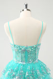 Cute Sparkly A-Line Green Spaghetti Straps Tiered Graduation Dress with Sequins
