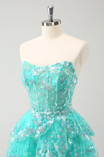 Cute Glitter Green A Line Strapless Sequined Tiered Corset Graduation Dress