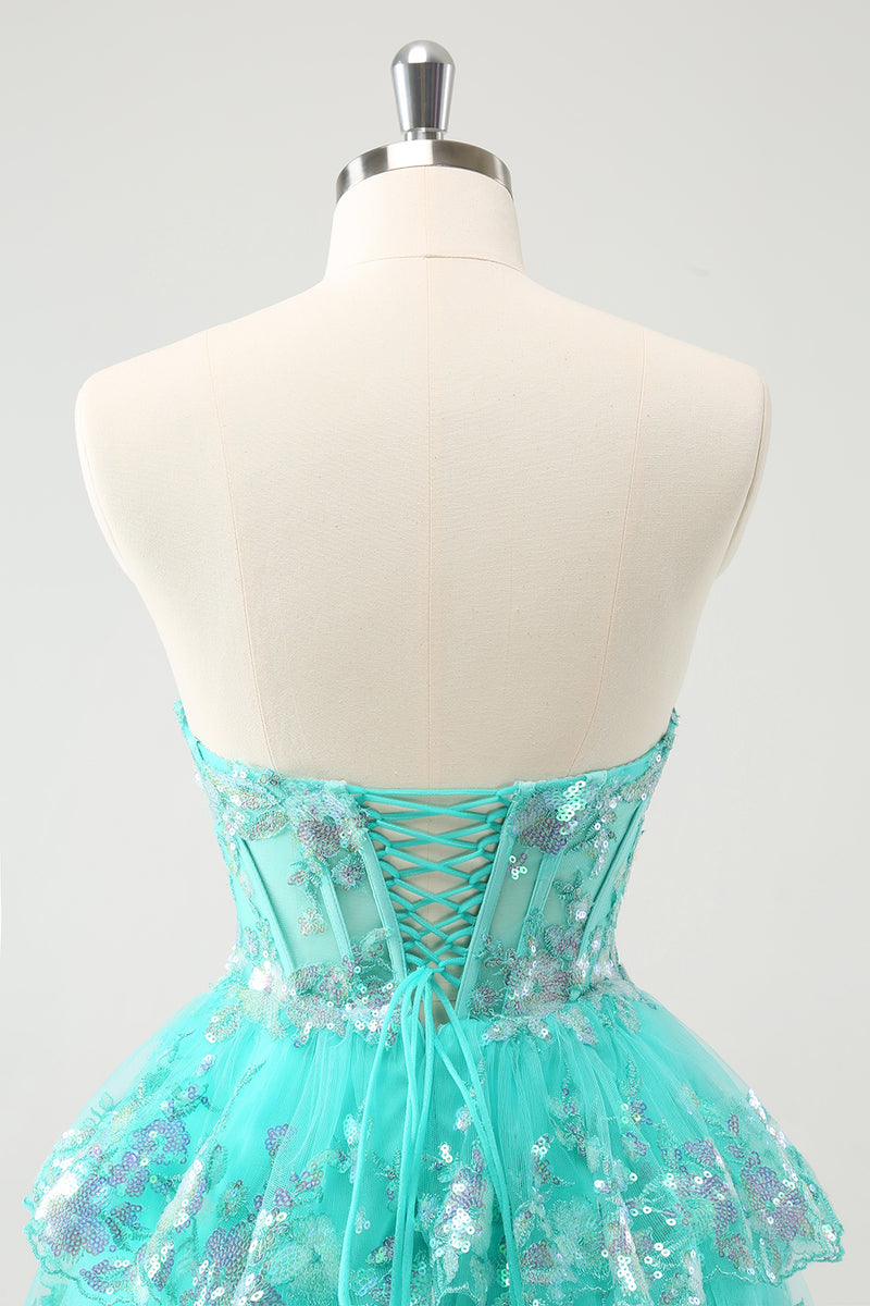 Load image into Gallery viewer, Cute Glitter Green A Line Strapless Sequined Tiered Corset Graduation Dress