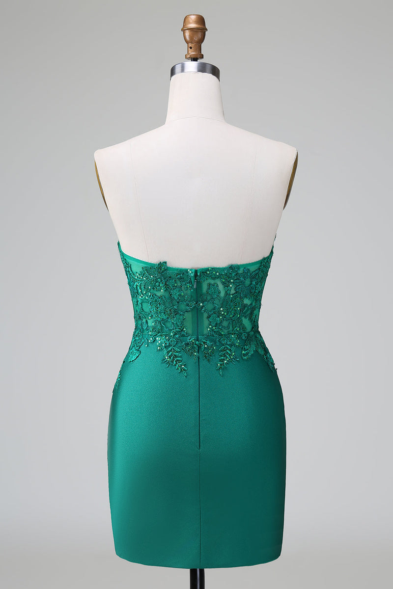 Load image into Gallery viewer, Dark Green Strapless Floral Appliques Satin Short Graduation Dress