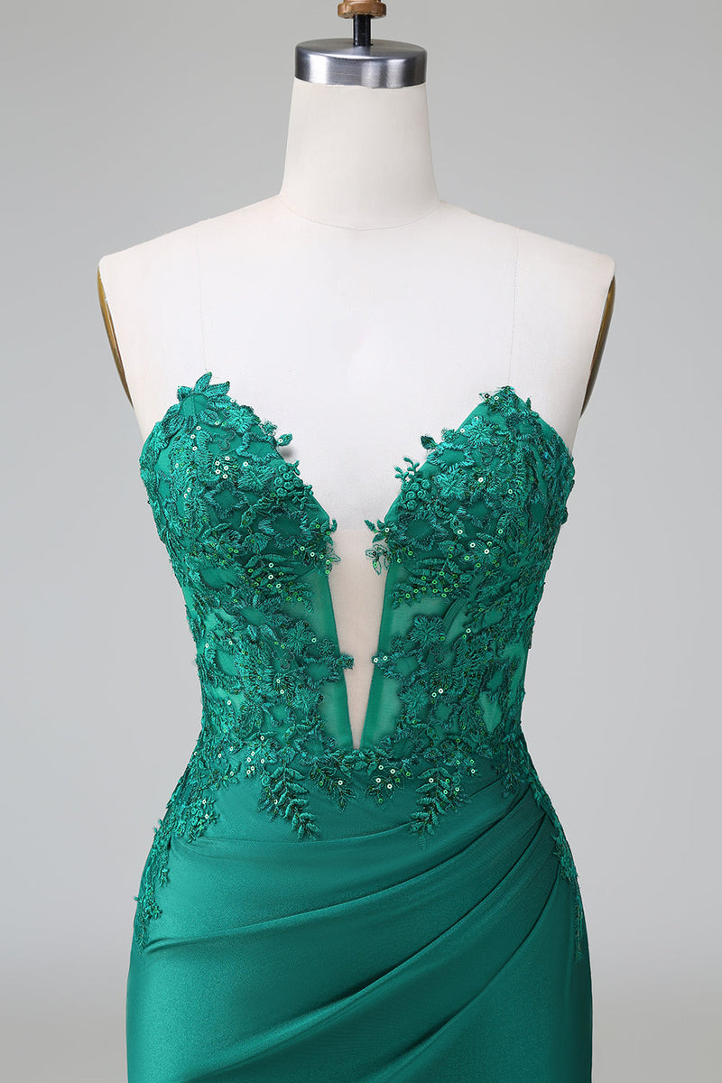 Load image into Gallery viewer, Dark Green Strapless Floral Appliques Satin Short Graduation Dress