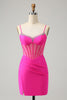 Load image into Gallery viewer, Glitter Fuchsia Beaded Tight Corset Short Graduation Dress with Slit