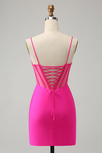 Glitter Fuchsia Beaded Tight Corset Short Graduation Dress with Slit