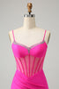 Load image into Gallery viewer, Glitter Fuchsia Beaded Tight Corset Short Graduation Dress with Slit