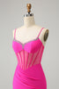 Load image into Gallery viewer, Glitter Fuchsia Beaded Tight Corset Short Graduation Dress with Slit