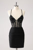 Load image into Gallery viewer, Sparkly Black Bodycon Spaghetti Corset Short Graduation Dress with Lace Up Back