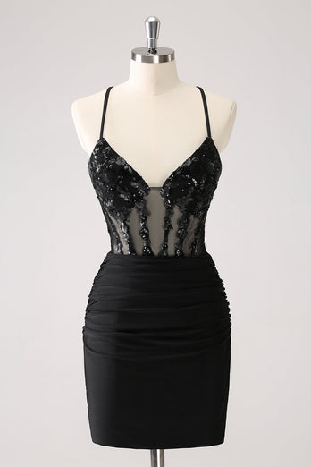 Sparkly Black Bodycon Spaghetti Corset Short Graduation Dress with Lace Up Back