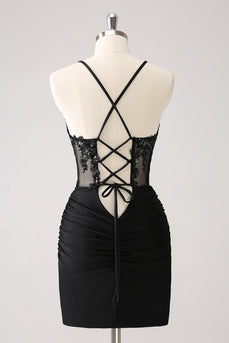 Sparkly Black Bodycon Spaghetti Corset Short Graduation Dress with Lace Up Back