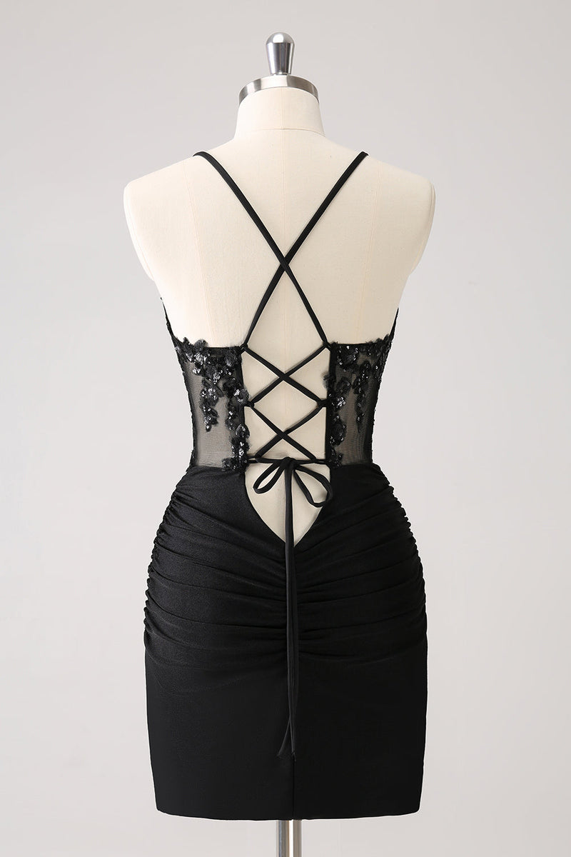 Load image into Gallery viewer, Sparkly Black Bodycon Spaghetti Corset Short Graduation Dress with Lace Up Back