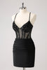 Load image into Gallery viewer, Sparkly Black Bodycon Spaghetti Corset Short Graduation Dress with Lace Up Back