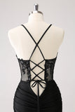 Sparkly Black Bodycon Spaghetti Corset Short Graduation Dress with Lace Up Back