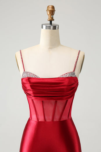 Glitter Dark Red Beaded Corset Satin Short Graduation Dress