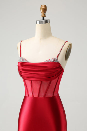 Glitter Dark Red Beaded Corset Satin Short Graduation Dress