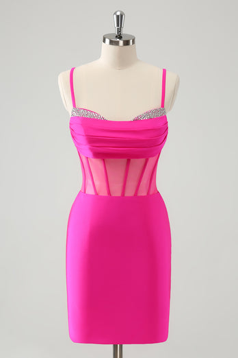 Glitter Fuchsia Spaghetti Straps Tight Corset Graduation Dress with Beading