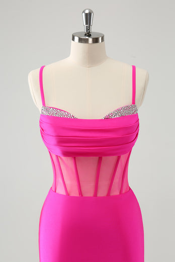 Glitter Fuchsia Spaghetti Straps Tight Corset Graduation Dress with Beading