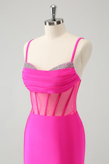 Glitter Fuchsia Spaghetti Straps Tight Corset Graduation Dress with Beading