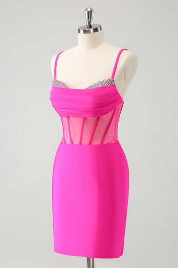 Glitter Fuchsia Spaghetti Straps Tight Corset Graduation Dress with Beading