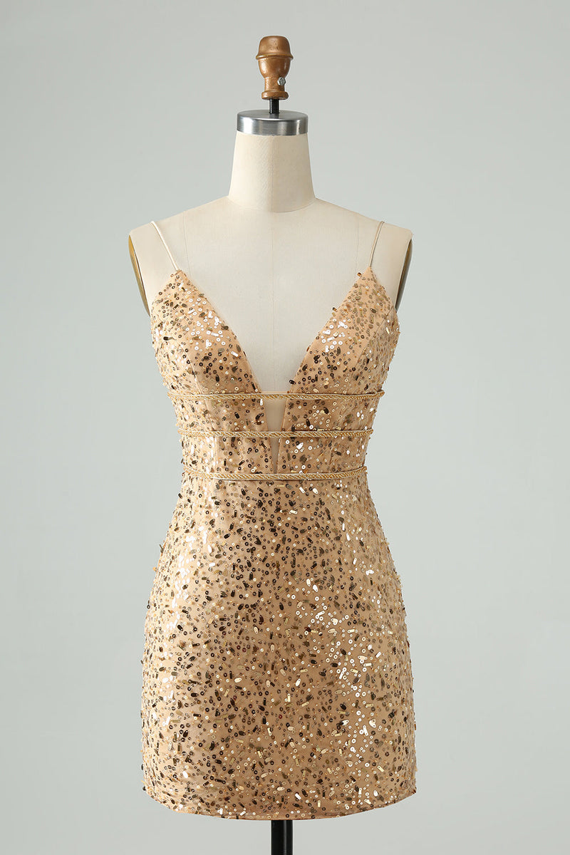 Load image into Gallery viewer, Sparkly Golden Bodycon V Neck Short Graduation Dress with Sequins