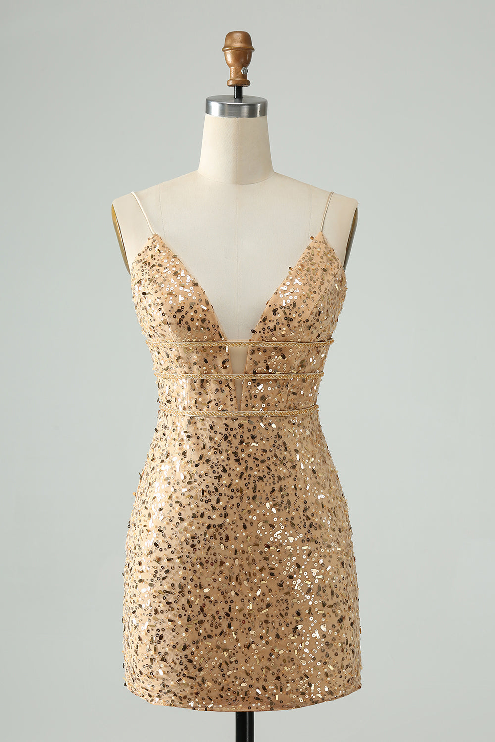 Sparkly Golden Bodycon V Neck Short Graduation Dress with Sequins