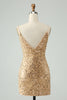 Load image into Gallery viewer, Sparkly Golden Bodycon V Neck Short Graduation Dress with Sequins