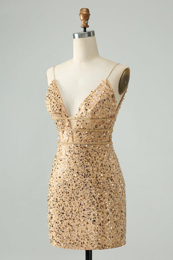 Sparkly Golden Bodycon V Neck Short Graduation Dress with Sequins