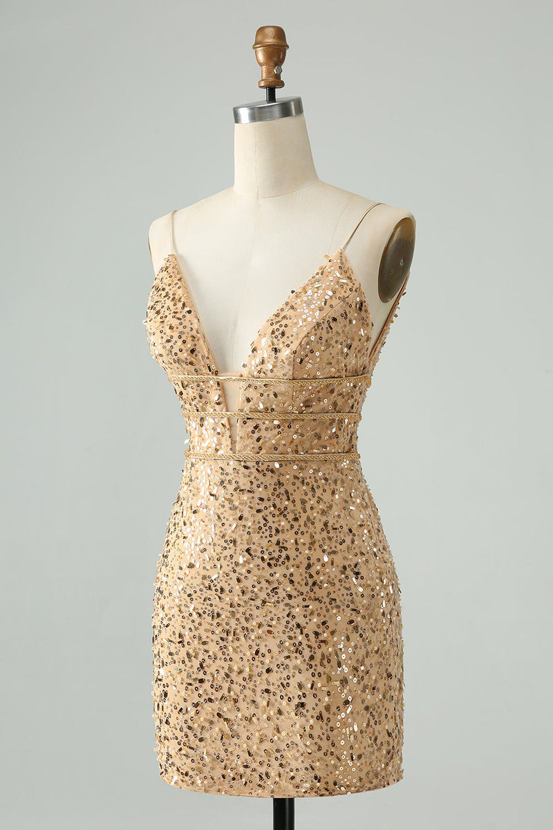 Load image into Gallery viewer, Sparkly Golden Bodycon V Neck Short Graduation Dress with Sequins