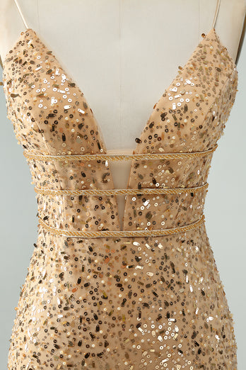 Sparkly Golden Bodycon V Neck Short Graduation Dress with Sequins