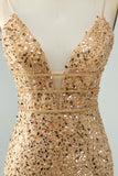 Sparkly Golden Bodycon V Neck Short Graduation Dress with Sequins
