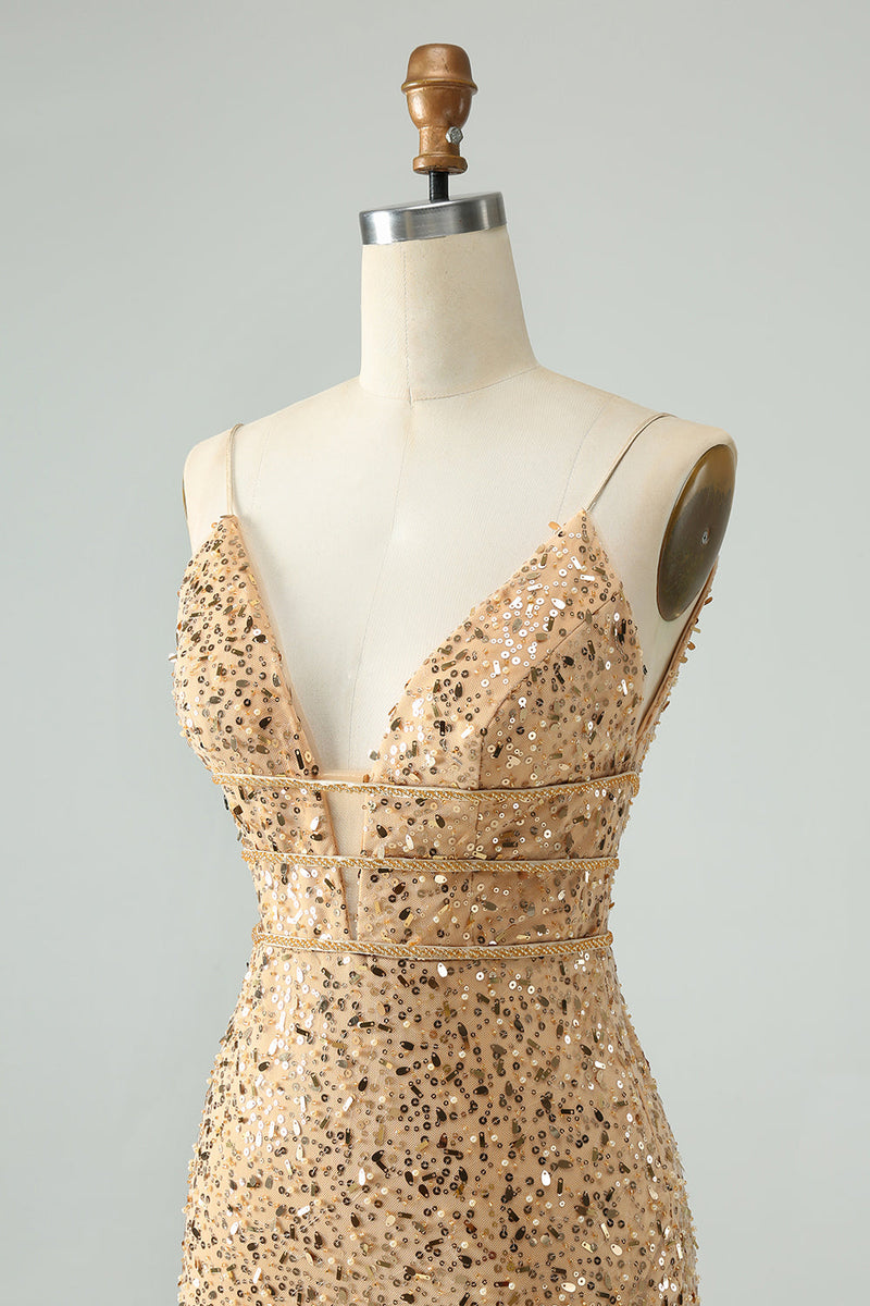 Load image into Gallery viewer, Sparkly Golden Bodycon V Neck Short Graduation Dress with Sequins