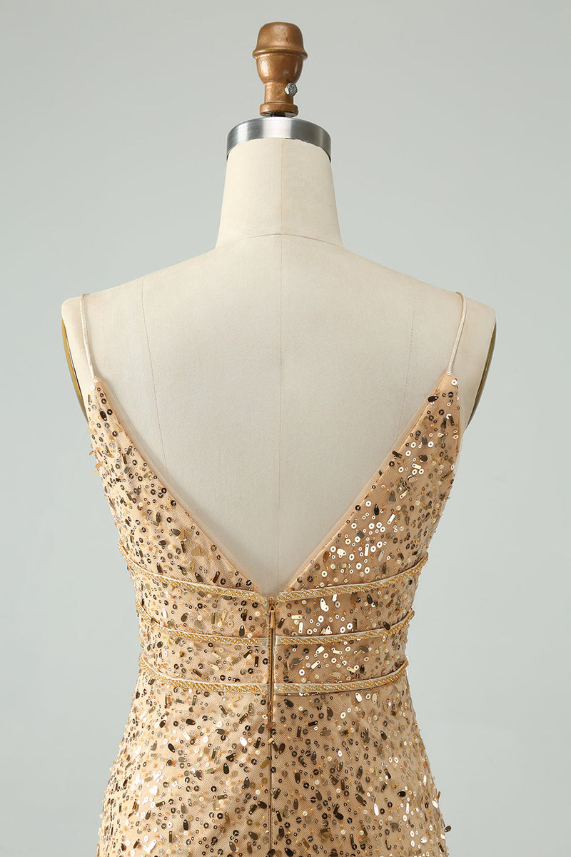 Load image into Gallery viewer, Sparkly Golden Bodycon V Neck Short Graduation Dress with Sequins