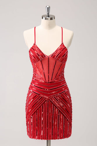 Sparkly Red Spaghetti Straps Sequin Short Tight Graduation Dress