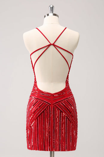 Sparkly Red Spaghetti Straps Sequin Short Tight Graduation Dress