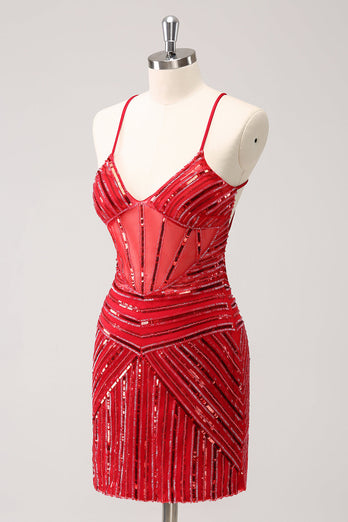 Sparkly Red Spaghetti Straps Sequin Short Tight Graduation Dress