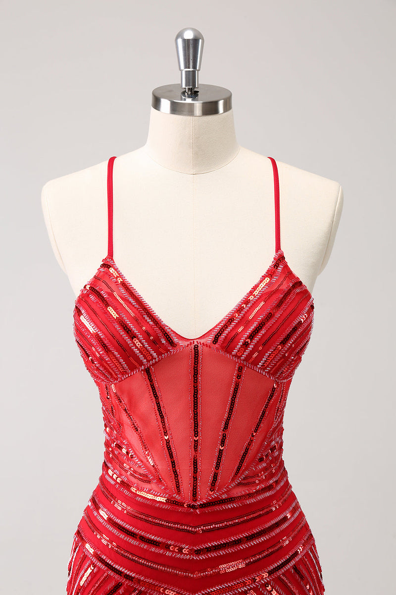 Load image into Gallery viewer, Sparkly Red Spaghetti Straps Sequin Short Tight Graduation Dress