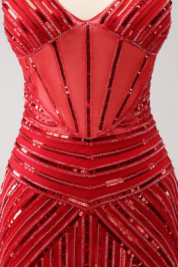 Sparkly Red Spaghetti Straps Sequin Short Tight Graduation Dress